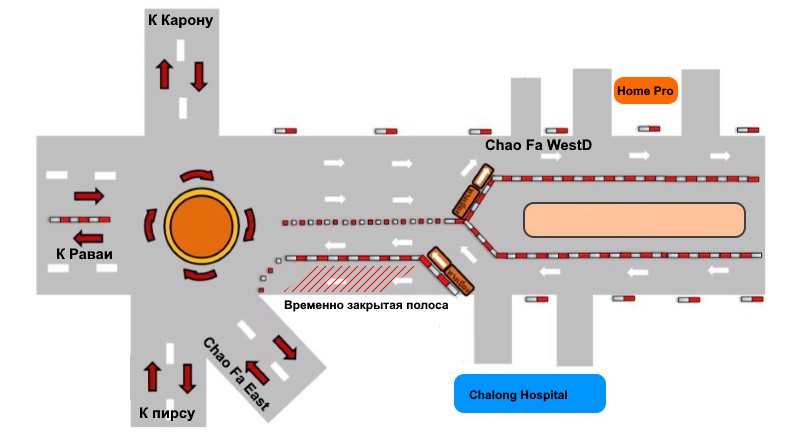 Одну из полос Chao Fa West Rd. у кольца Чалонга закроют до 28 декабря